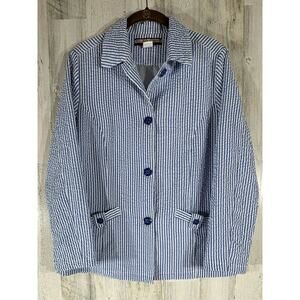 Tudor Court Button Up Shirt Jacket Medium‎ Blue White Stripe Crinkle Textured